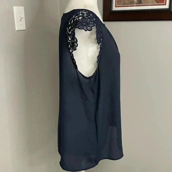 PHILOSOPHY Lace cap sleeved navy blouse Petite XL Extra Large Sheer - Picture 2 of 5